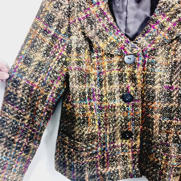 Dialogue SZ 14 Tweed Jacket Long Sleeve Button Front Brown/Green/Burgundy/Cream - Picture 8 of 16